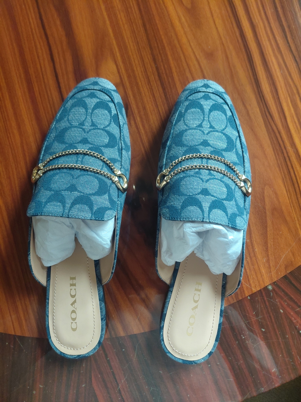 COACH Women's Navy Signature Chain-Trim Mules - Picture 2 of 6